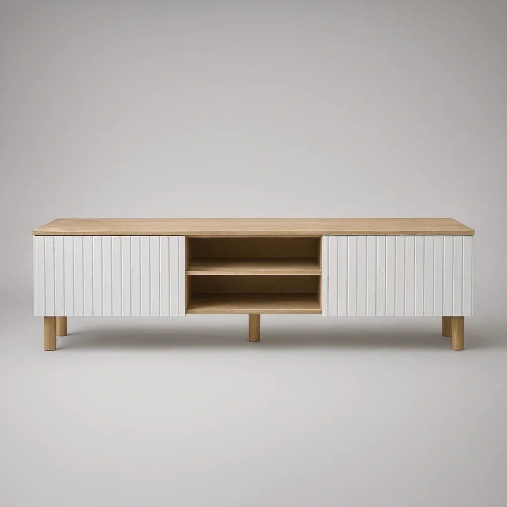 White and Natural Fluted 2-Door Media Console with Open Shelves, 70.9 x 15.7 x 19.7 in