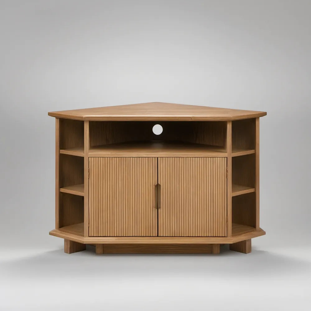 Natural Brown Corner TV Stand, 47.2 x 17.7 x 31.5 in, Triangular Engineered Wood Media Console with 2 Fluted Doors and Open Shelves