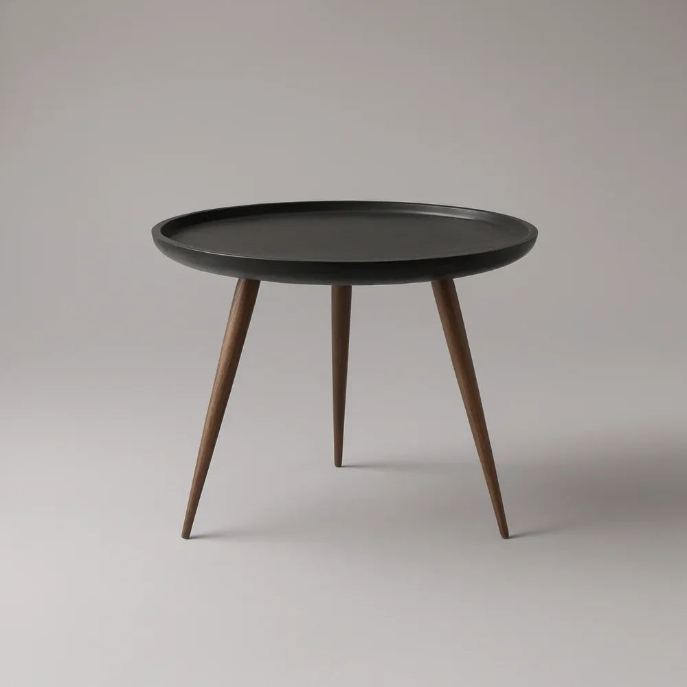 Round Side Table, 23.6 in. Diameter x 19.7 in. High, Black Steel Tray Top with Walnut Brown Rubberwood Legs