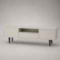 Mid-Century Modern TV Stand, White Engineered Wood Media Console with Black Legs and Gold Caps, 63 x 15.7 x 24.4 in