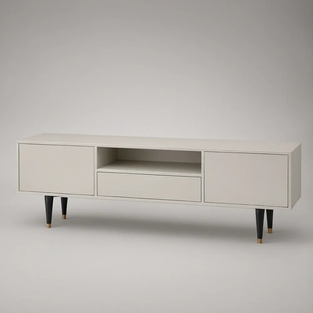 Mid-Century Modern TV Stand, White Engineered Wood Media Console with Black Legs and Gold Caps, 63 x 15.7 x 24.4 in