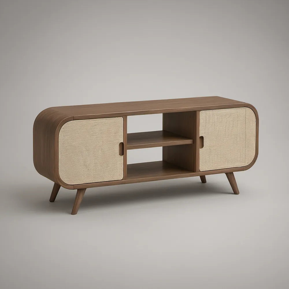 63 x 16 x 30 in Walnut Brown MDF Media Cabinet with Natural Rattan Sliding Doors