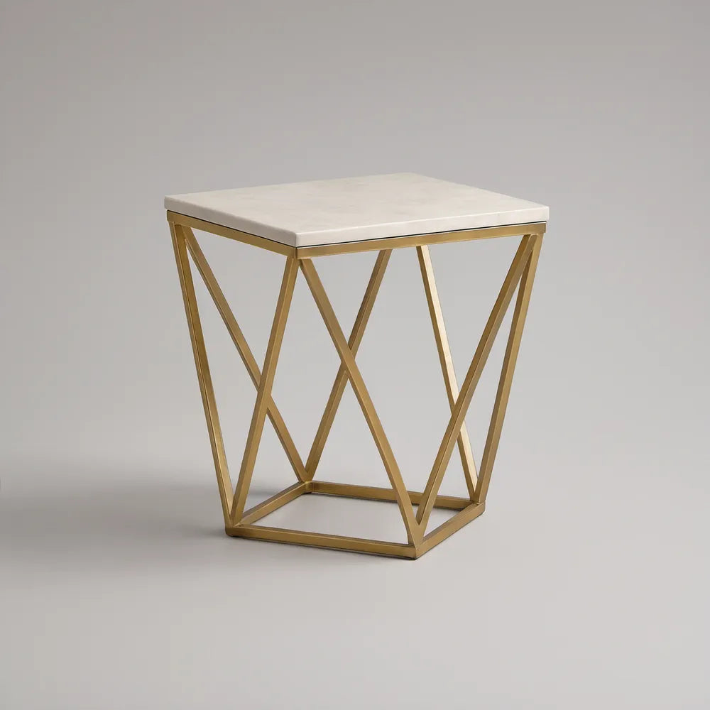 20 x 20 x 24 in Square Side Table with White Sintered Stone Top and Gold Stainless Steel Frame