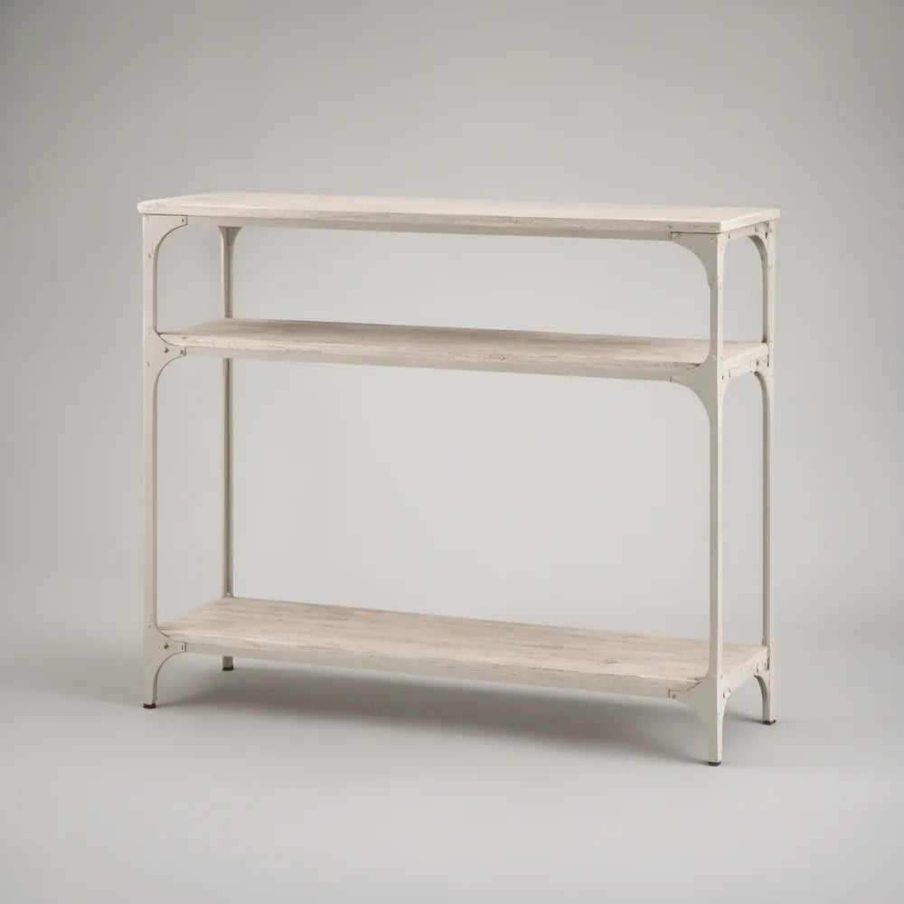 Distressed White 3-Tier Solid Pine Wood and Iron Console Table, 47.2 x 13.8 x 33.9 in
