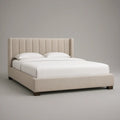 Queen Beige Upholstered Platform Bed Frame with Channel-Tufted Headboard, 65 x 89 x 48 in, Dark Brown Legs