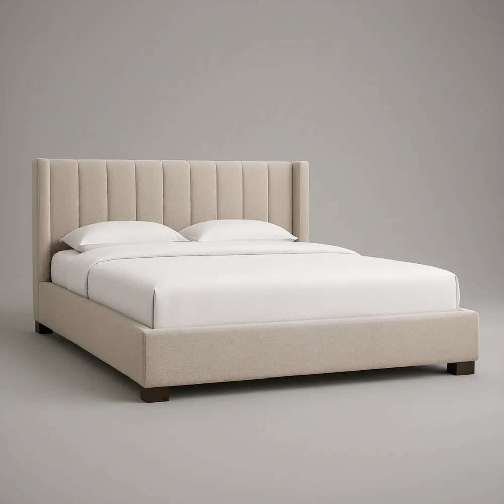 Queen Beige Upholstered Platform Bed Frame with Channel-Tufted Headboard, 65 x 89 x 48 in, Dark Brown Legs
