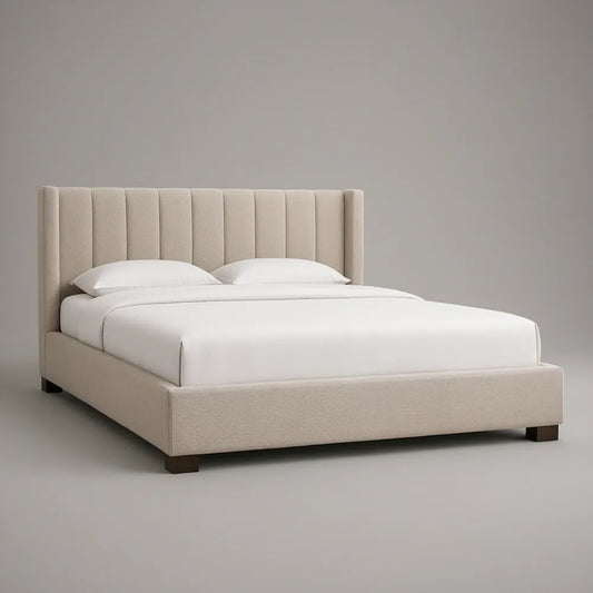 Queen Beige Upholstered Platform Bed Frame with Channel-Tufted Headboard, 65 x 89 x 48 in, Dark Brown Legs