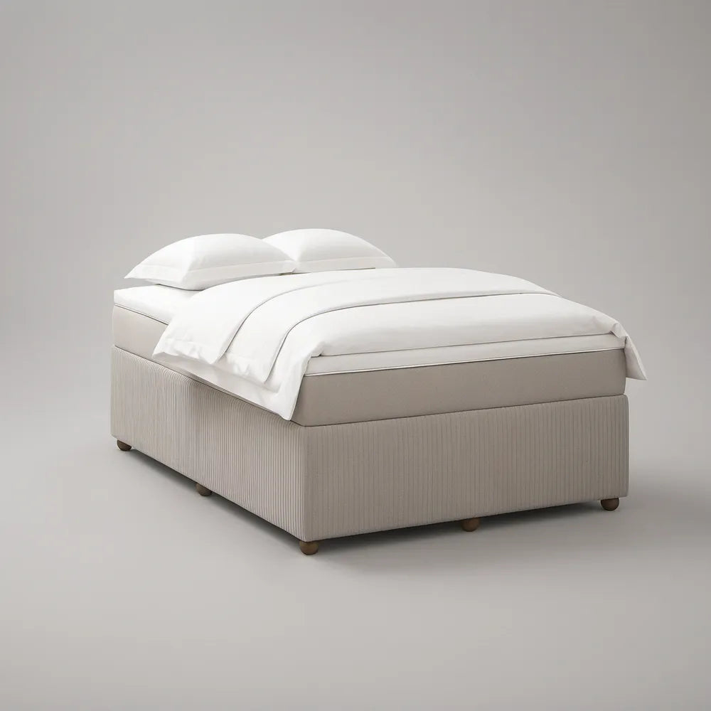 Queen Upholstered Platform Bed Frame, 64 x 84 x 29 in, Beige with Dark Brown Legs