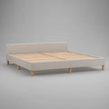 Queen Beige Upholstered Platform Bed Frame with Headboard, Natural Wood Legs and Solid Pine Slats, 64 x 85 x 38 in