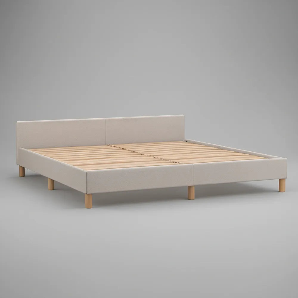 Queen Beige Upholstered Platform Bed Frame with Headboard, Natural Wood Legs and Solid Pine Slats, 64 x 85 x 38 in