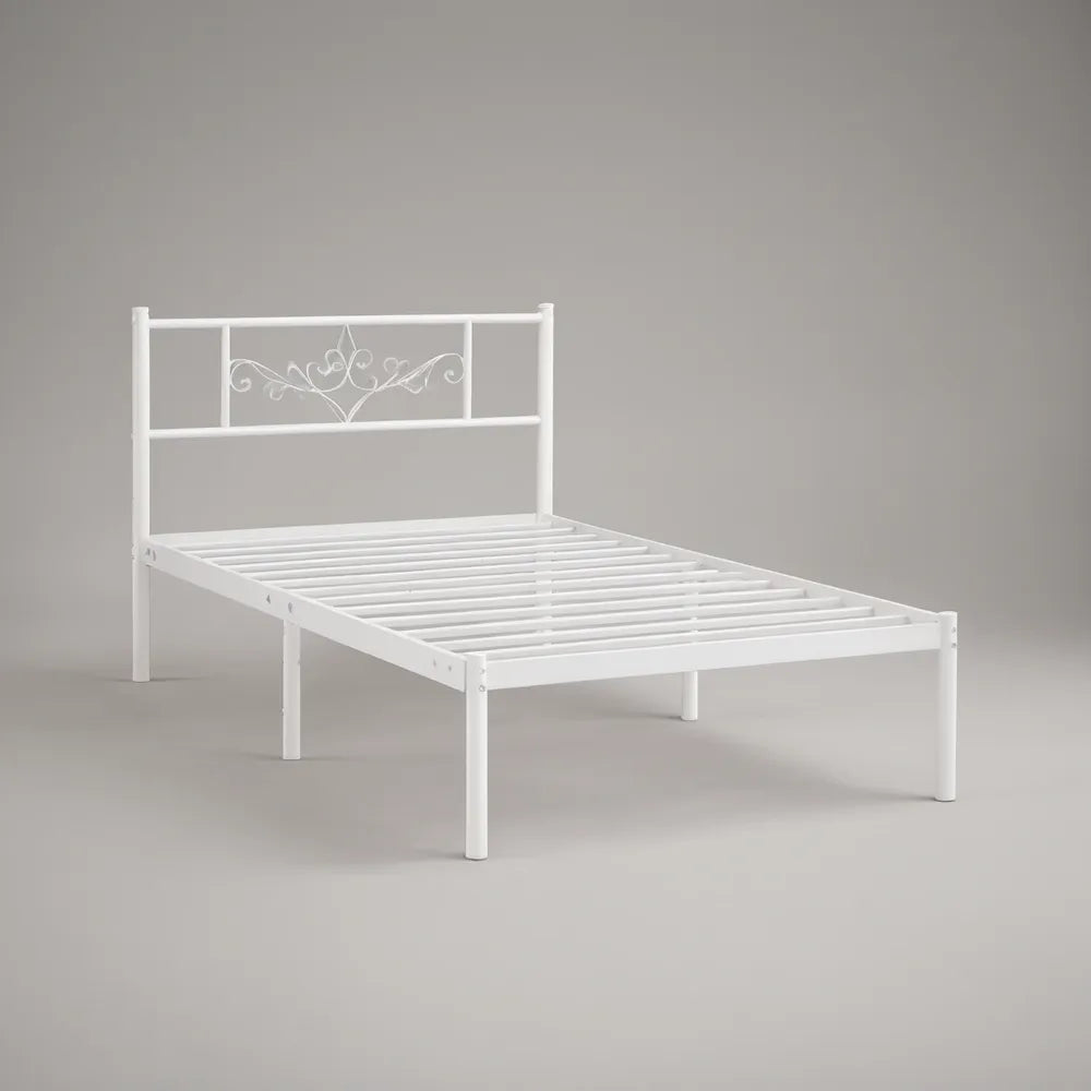 White Twin Metal Platform Bed Frame with Scrollwork Headboard, 39 x 75 in