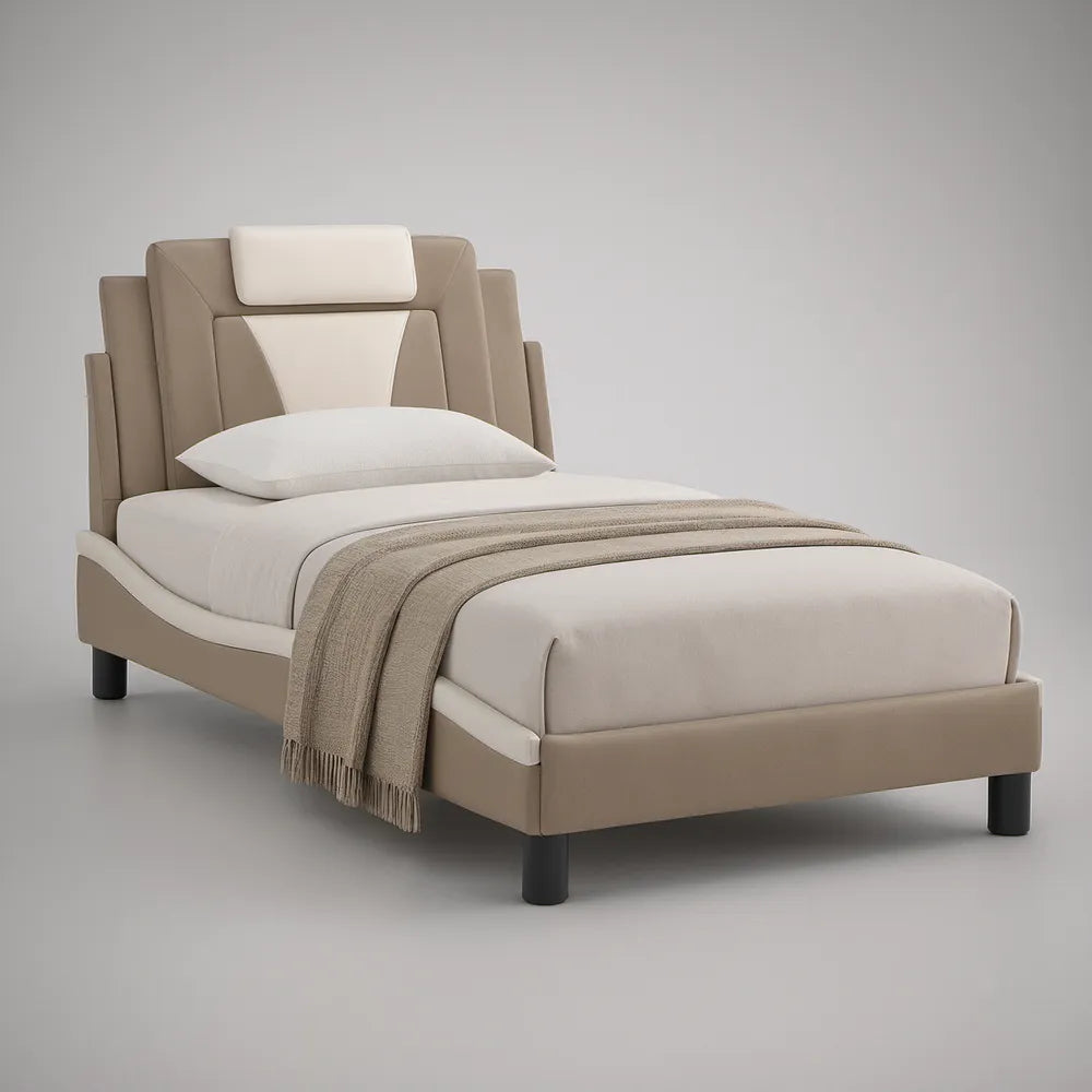 Twin Upholstered Platform Bed Frame, 41 x 80 x 48 in, Beige, Ivory and Black