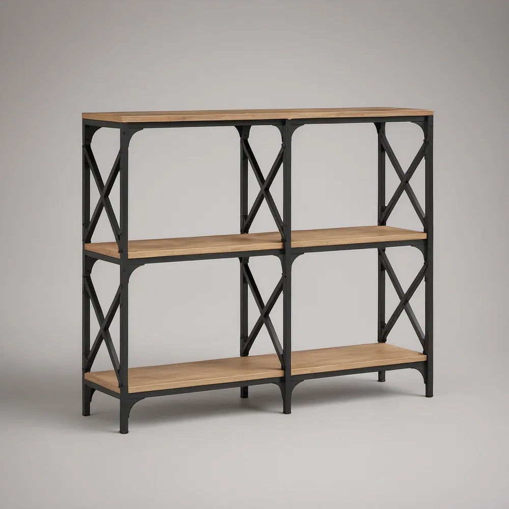 Industrial 3-Tier Console Table with Brown Wood-Grain Shelves and Black Steel Frame, 47.24 x 13.78 x 35.43 in