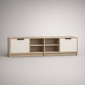 70.9 in. Natural Oak and White Media Console with Black Handles, 2 Doors and 4 Open Compartments