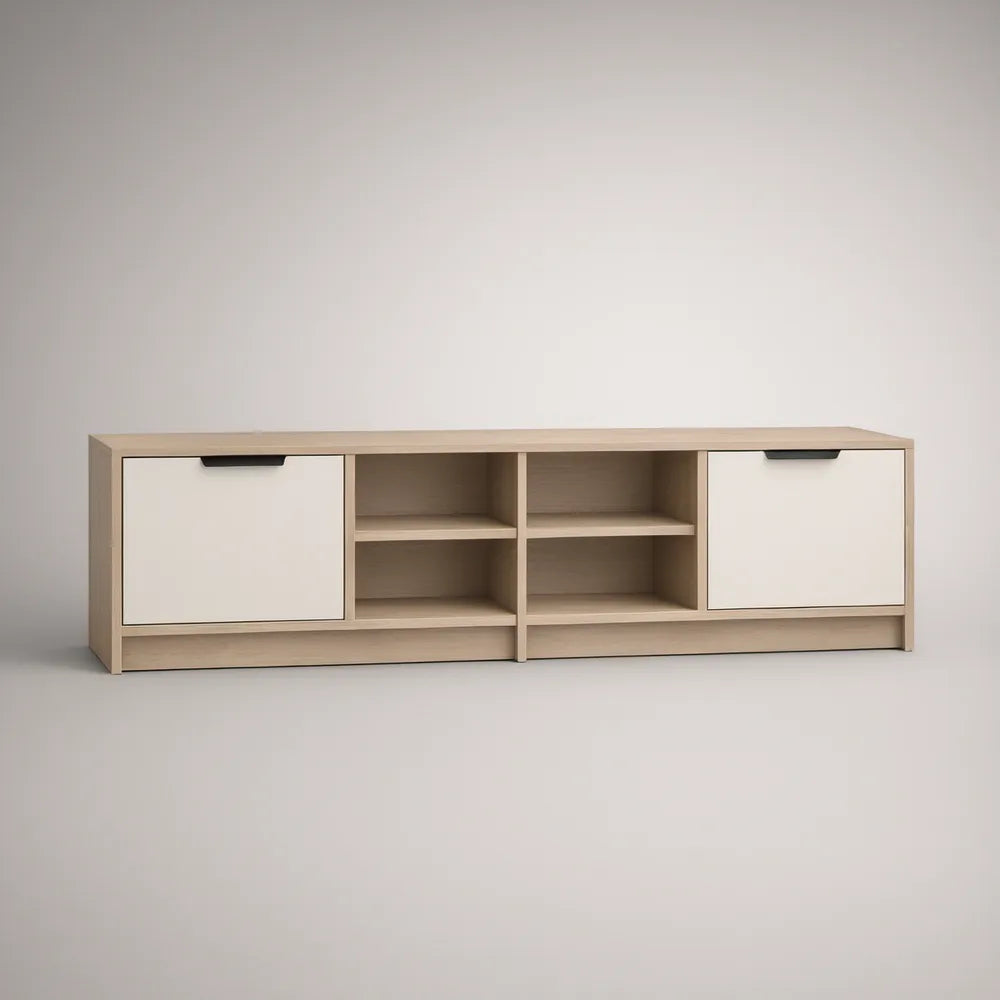70.9 in. Natural Oak and White Media Console with Black Handles, 2 Doors and 4 Open Compartments