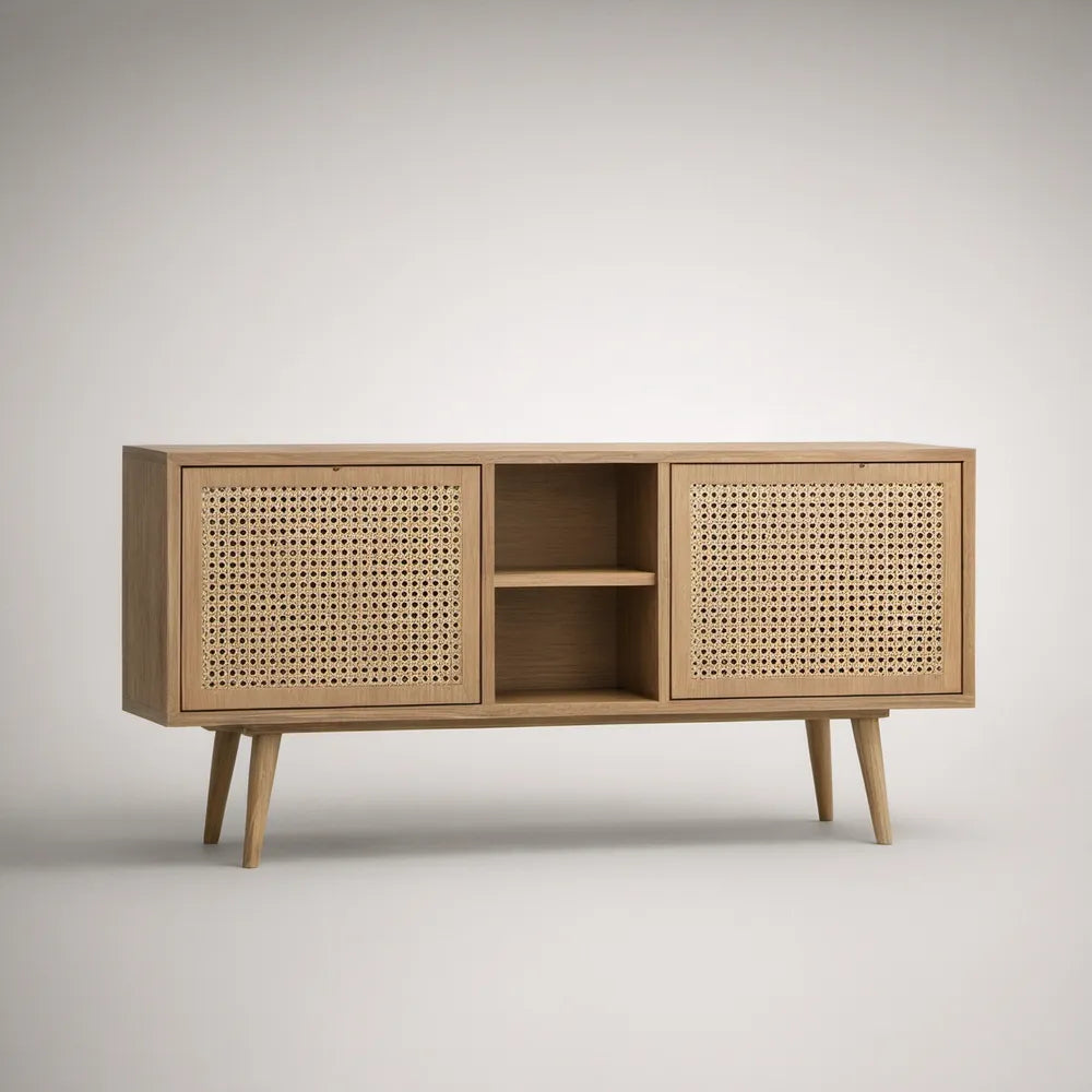 Mid-Century Modern TV Stand Cabinet, 63 x 16 x 30 in, Natural Oak and Natural Beige