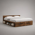 King Storage Platform Bed Frame with Drawers and Open Shelves, Solid Wood, Walnut Brown, 82 x 78 x 40 in