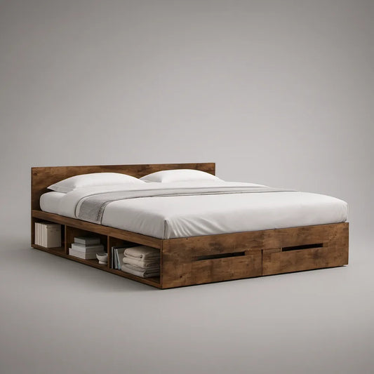 King Storage Platform Bed Frame with Drawers and Open Shelves, Solid Wood, Walnut Brown, 82 x 78 x 40 in
