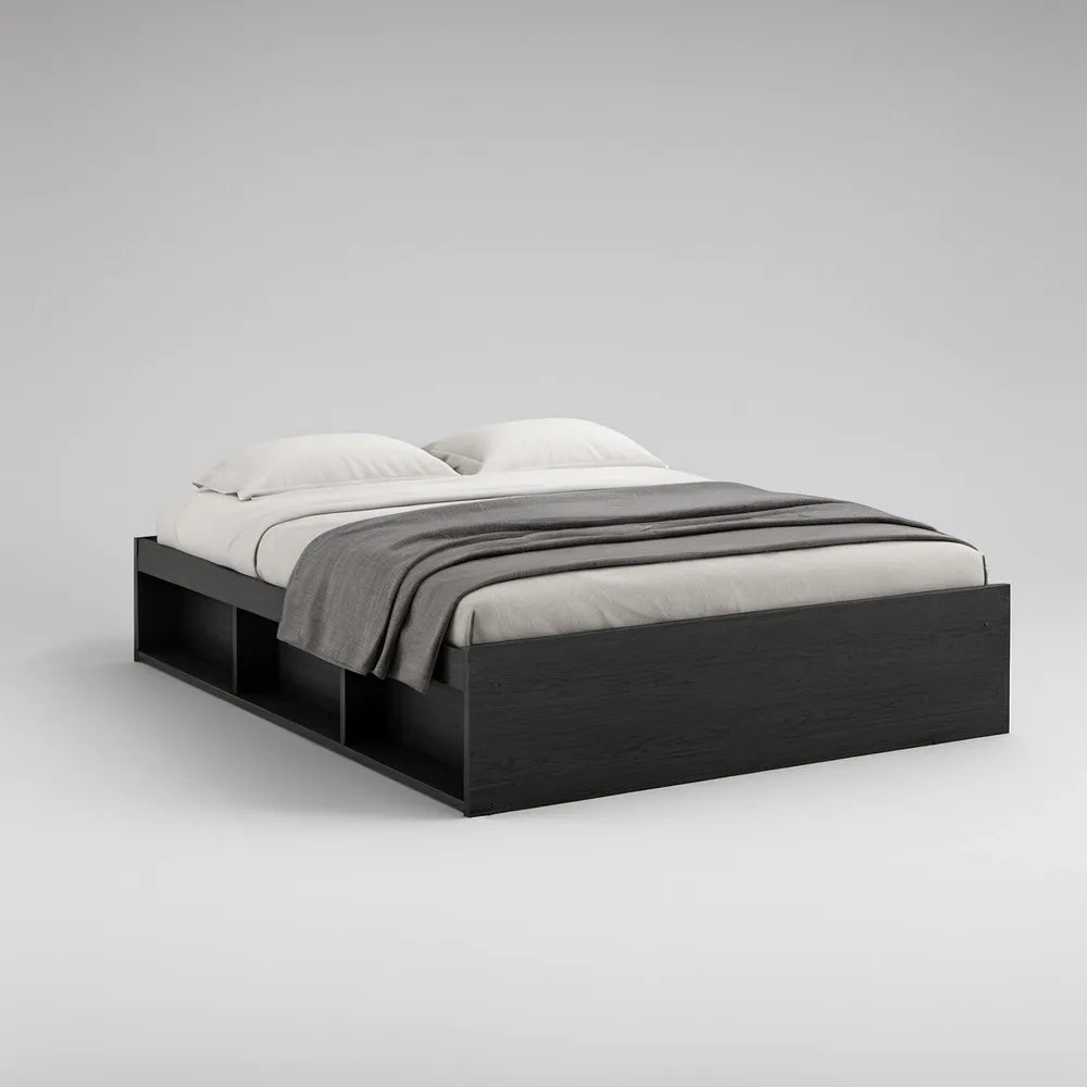 Queen Black Engineered Wood Platform Bed Frame with Open Side Storage, 83.5 x 63 x 15.7 in