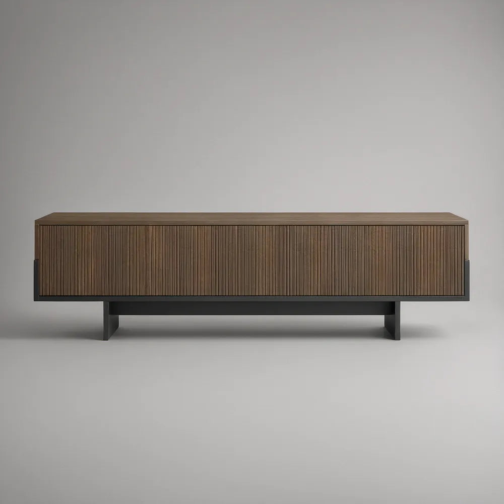 70.9 in. Walnut Veneer Media Console with 3 Fluted Doors, Dark Brown/Black