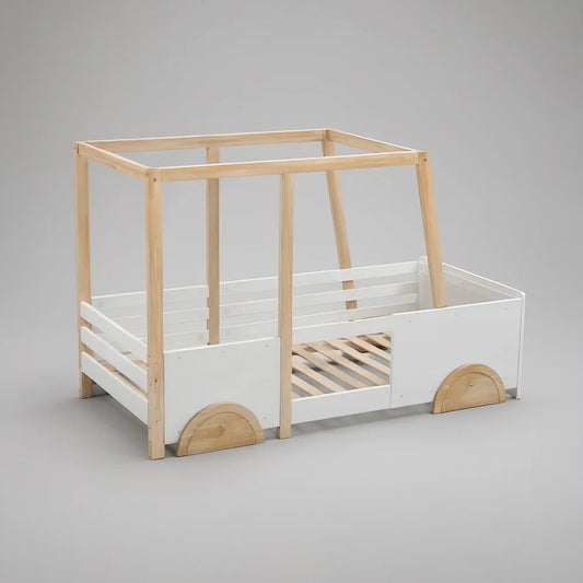 Twin Vehicle-Shaped House Bed Frame, Solid Pine and MDF, White/Natural, 78.7 x 41.3 x 66.9 in