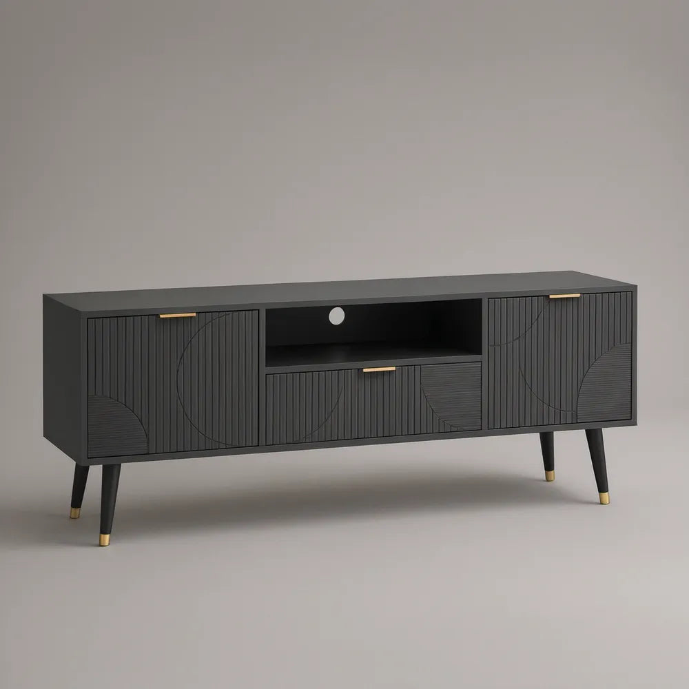 Modern Black and Gold TV Stand with 2 Doors, Drawer and Open Shelf, 63 x 15.7 x 22 in