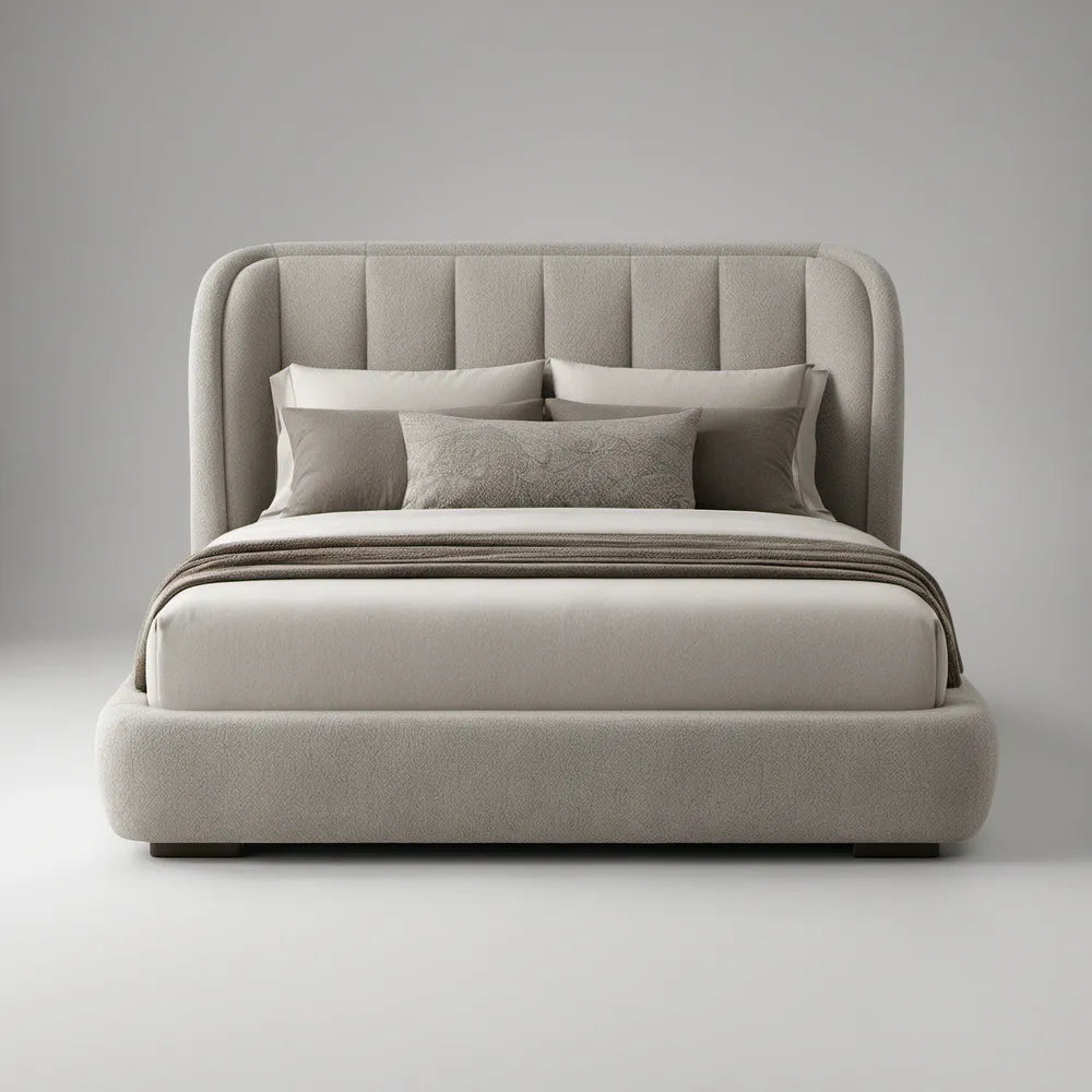 Beige Queen Upholstered Platform Bed with Rounded Channel-Tufted Headboard, 64 x 88 x 50 in