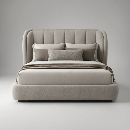 Beige Queen Upholstered Platform Bed with Rounded Channel-Tufted Headboard, 64 x 88 x 50 in