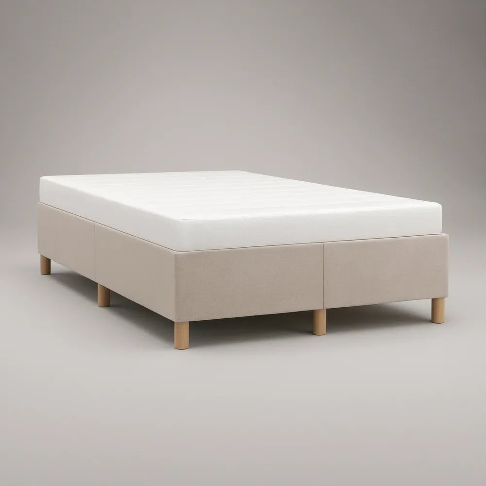Queen Upholstered Platform Bed Frame, 60 x 80 in, Cream with Natural Wood Legs