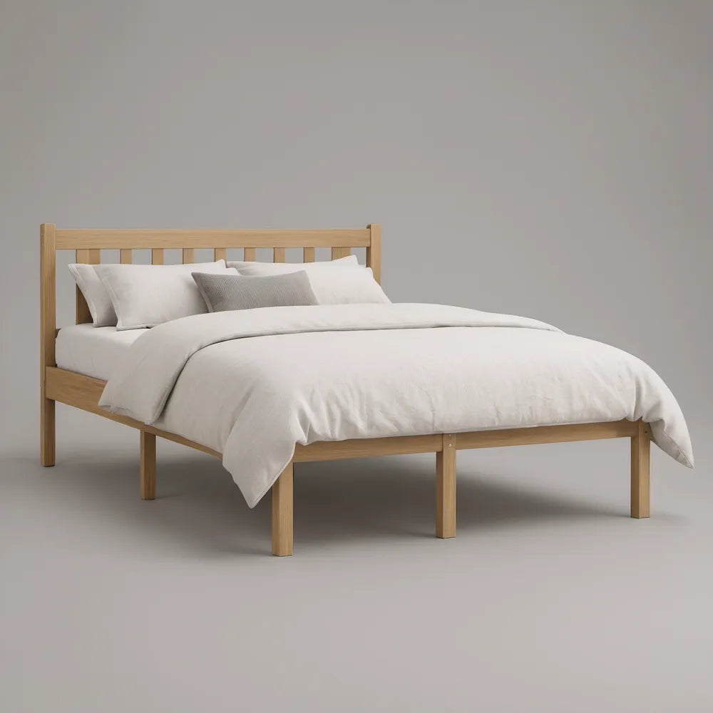 Natural Solid Rubberwood Queen Platform Bed Frame, 82 x 63 x 40 in