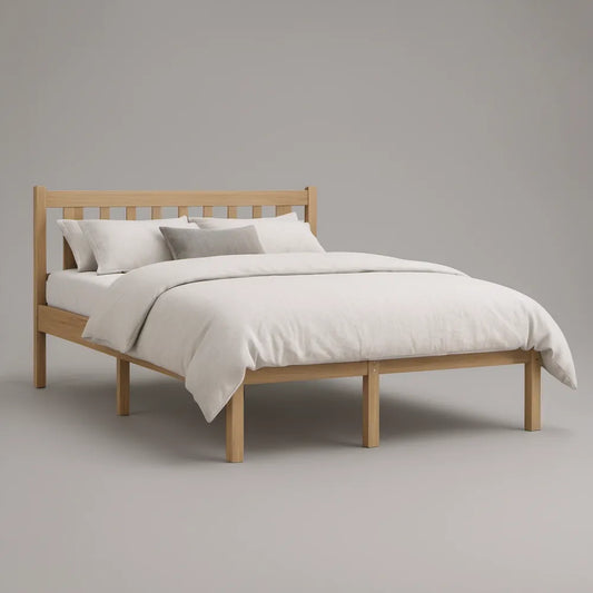 Natural Solid Rubberwood Queen Platform Bed Frame, 82 x 63 x 40 in