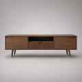 70 in Walnut Brown TV Stand with Brass Accents, Storage Cabinets, Drawer and Open Shelf