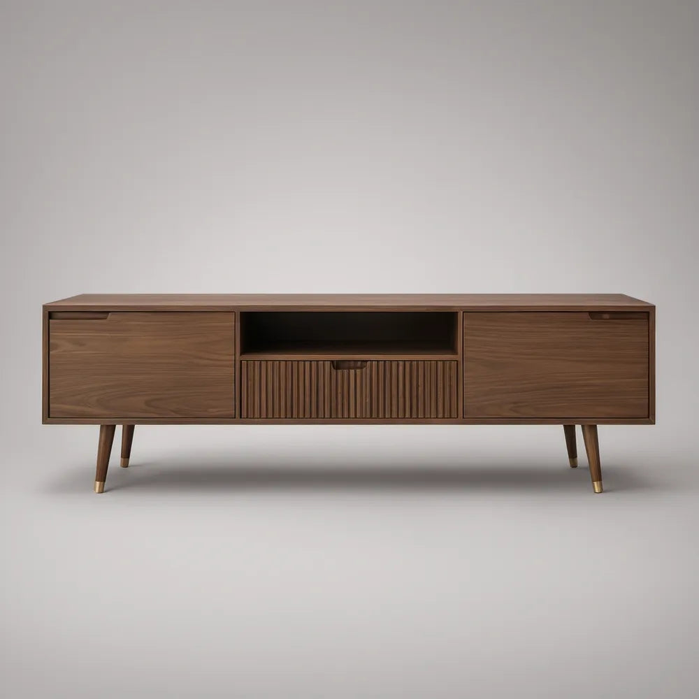 70 in Walnut Brown TV Stand with Brass Accents, Storage Cabinets, Drawer and Open Shelf