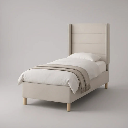 Cream Twin Upholstered Platform Bed Frame with Tall Panel Headboard, 41 x 80 x 48 in