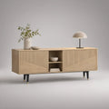 63 in Light Oak Engineered Wood TV Stand with Fluted Doors, Black Metal Legs and Brass-Tone Accents