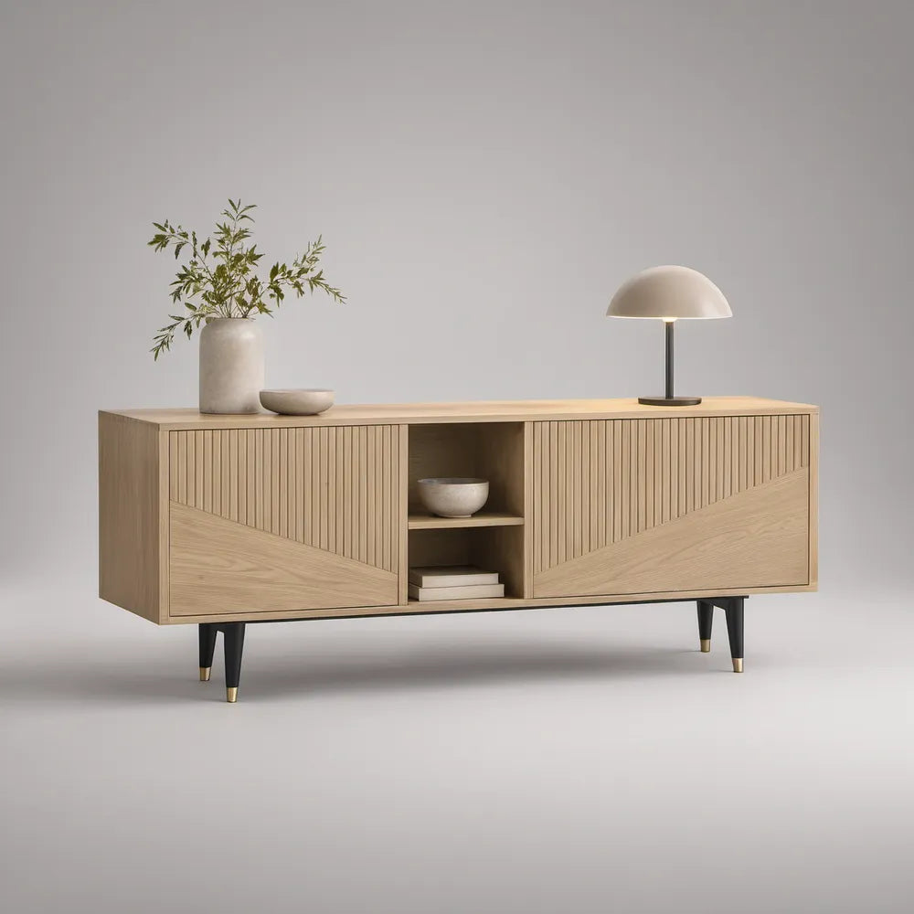 63 in Light Oak Engineered Wood TV Stand with Fluted Doors, Black Metal Legs and Brass-Tone Accents